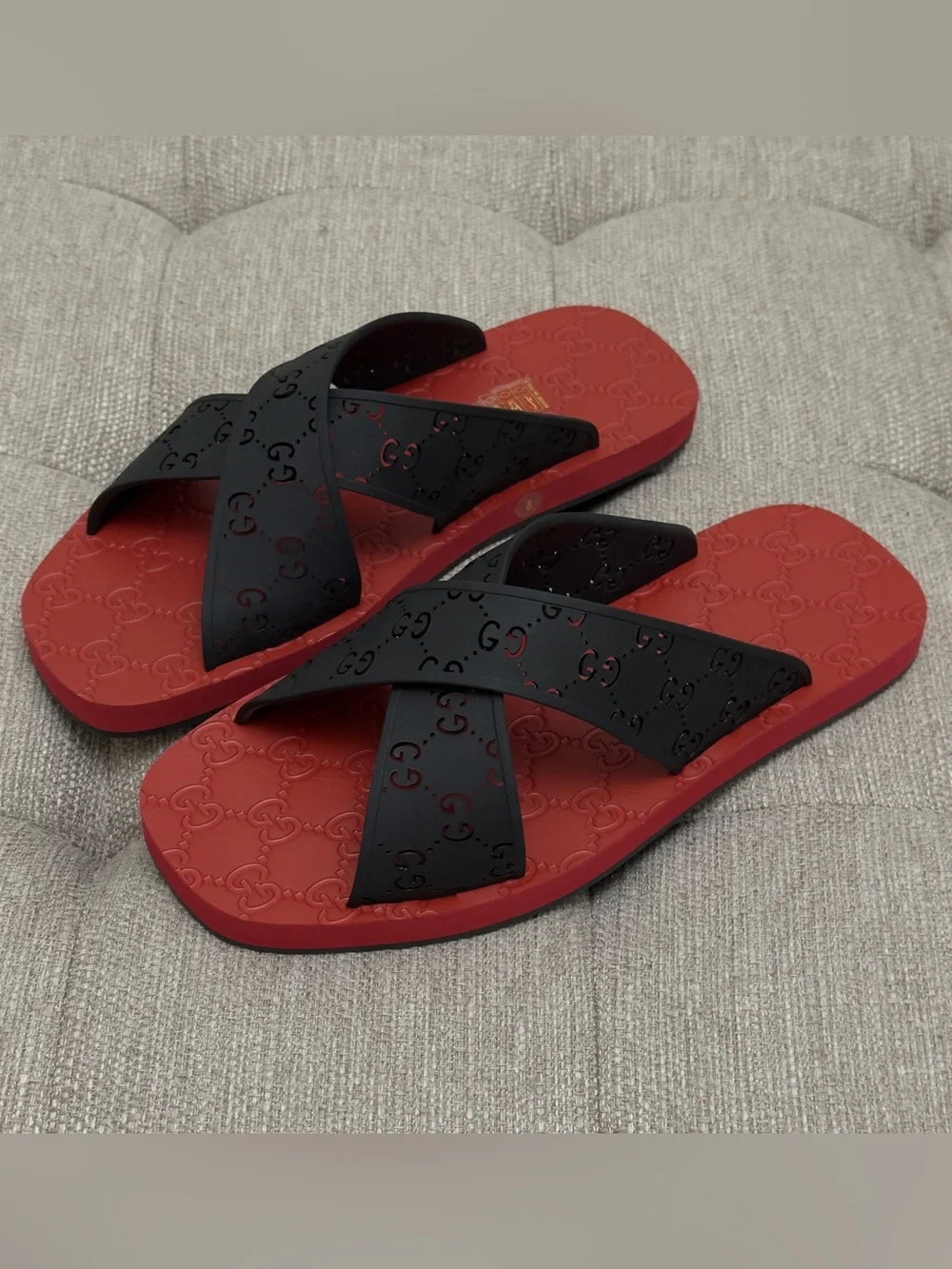 Gucci Black & Red GG Embossed Cross-Strap Slide Sandals